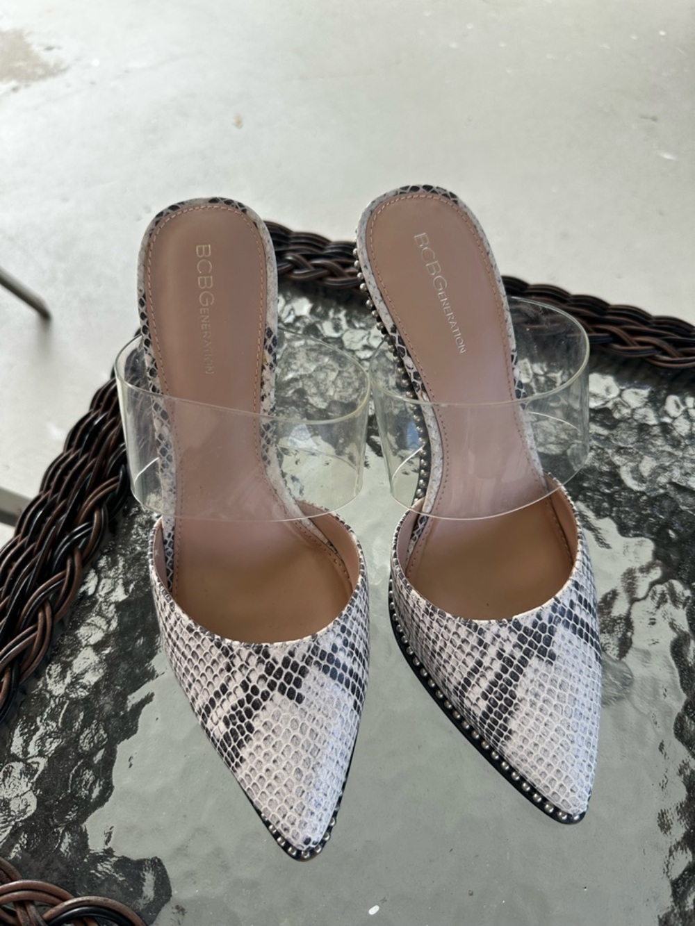 BCBGeneration White Snake-Print Pointed Mules with Clear Strap